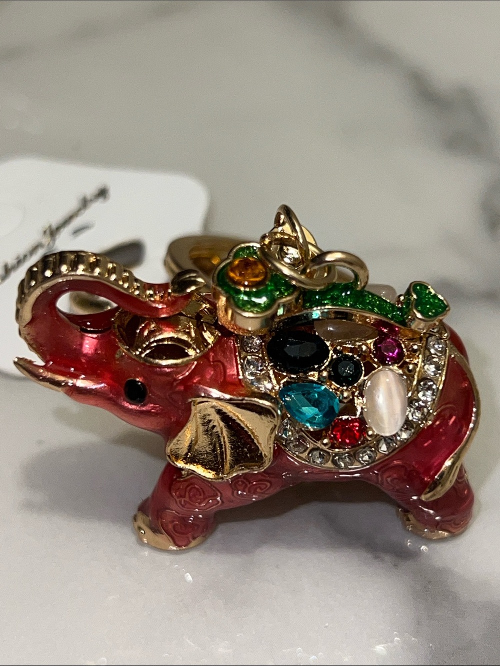 Gold Tone Elephant Bag Charm with Red and Green Enamel & Multicolor Gems - Picture 5 of 8